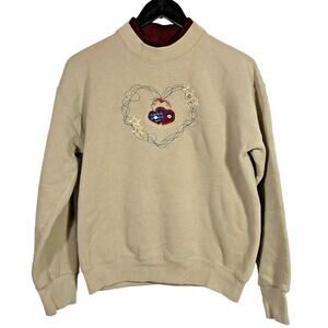 Retro Embroidered Sweatshirt Tan Patriotic Hearts Fruit of the Loom Medium Y2K